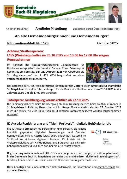 Amtliche Mitteilung der Gemeinde Buch-St. Magdalena über Straßensperrungen für ein Radrennen am 25. Oktober 2025 und Straßenbauarbeiten am Grubbergweg ab dem 27. Oktober 2025. Zudem informiert es über die ID Austria Registrierung und digitale Behördenbriefe.