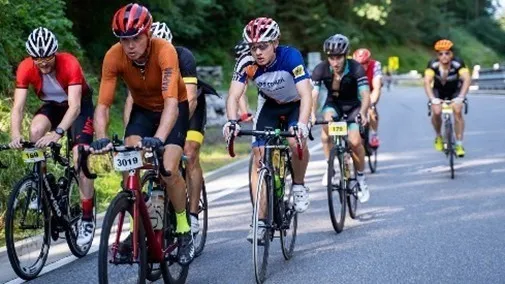 Eine Gruppe von Radfahrern mit Helmen und Radsporttrikots fährt auf einer asphaltierten Straße mit viel Grün an den Seiten. Die Radfahrer sind nummeriert, einer vorne trägt die Nummer 3019.