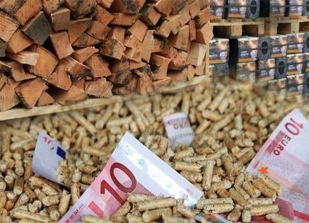 Ein Haufen Holzpellets mit einem Euroschein darauf und einem Stapel Holzscheite im Hintergrund.