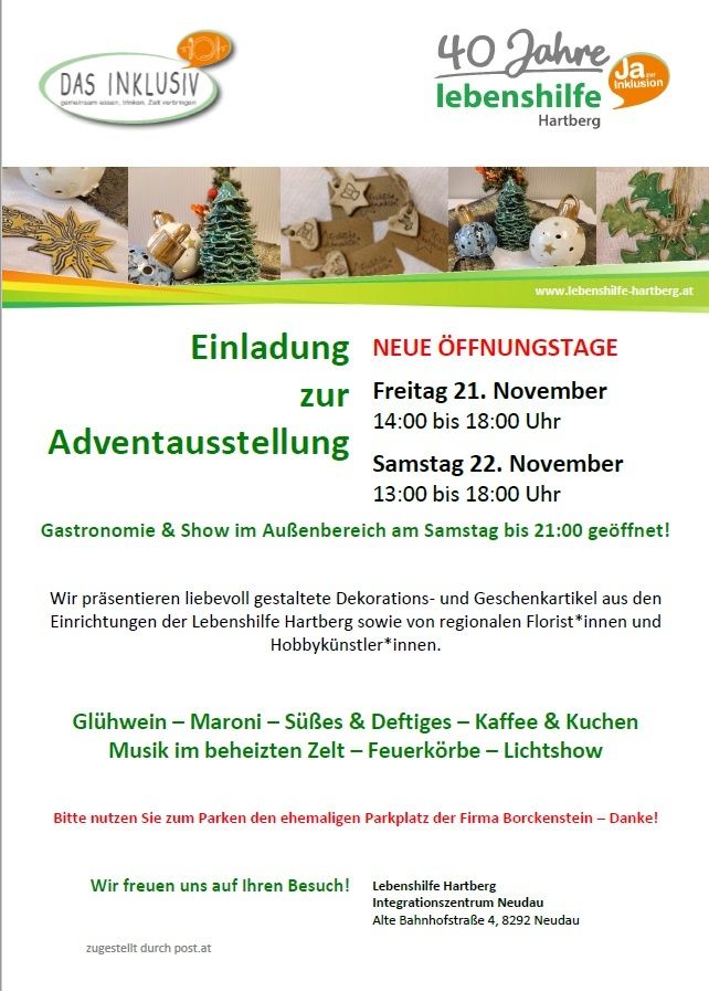 An invitation to the Advent display. New opening hours on Friday 21st November from 14:00 to 18:00. On Saturday 22nd November from 13:00 to 18:00. Gastronomic and show area open until 21:00. Enjoy mulled wine, maroni, sweet and savory treats, coffee, and cooking music in the heated tent, fireworks, and light show.