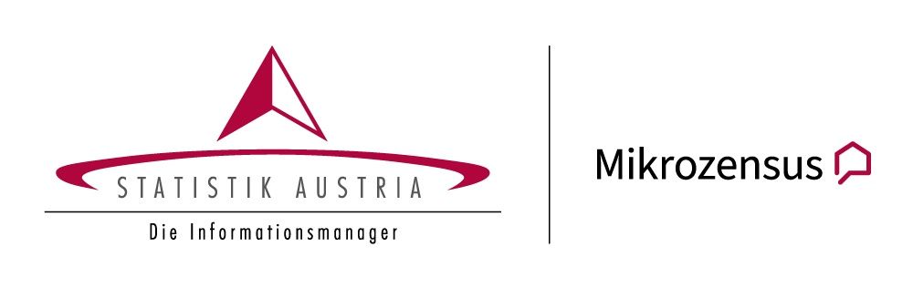Das Bild zeigt das Logo von 'Statistik Austria', das einen roten Dreieck mit einer Linie durch es und den Text 'Mikrozensus' darunter beinhaltet. Die Organisation wird als 'Die Informationsmanager' beschrieben.