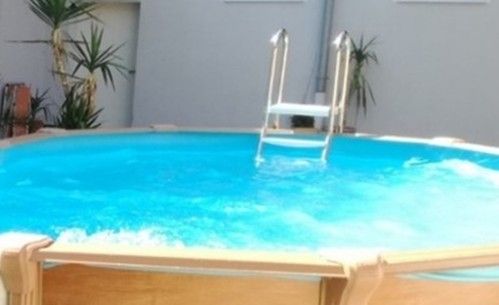 Ein Außenpool mit einer Leiter und blauem Wasser, umgeben von einer Holzterrasse und Topfpflanzen.