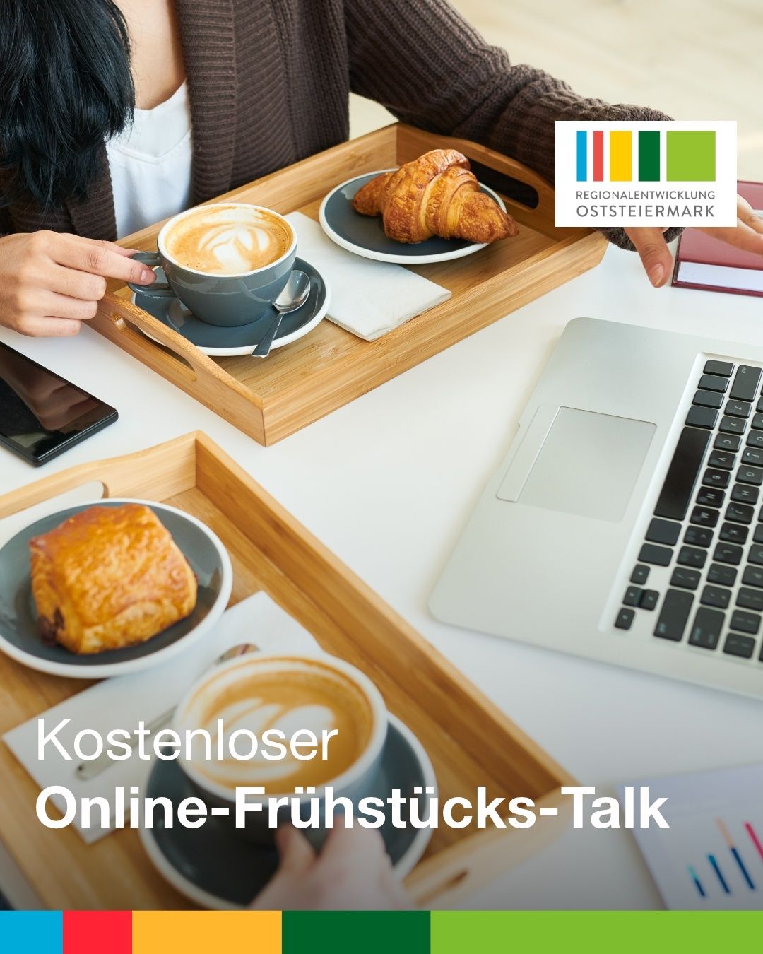 A person is sitting at a desk with a laptop, a cup of coffee, and a plate with a croissant. A text overlay reads 'Kostenloser Online-Fruhstucks-Talk'.