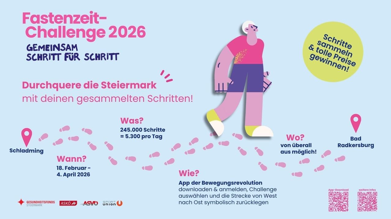 Eine Illustration einer Person, die läuft, mit dem Text 'Schritte 2026' und 'Steiermark'. Es zeigt einen Mann, der mit Fußabdrücken und einer Karte der Steiermark läuft. Es enthält Details zu Schritten, täglichem Durchschnitt und einer Herausforderung, von West nach Ost zu laufen.
