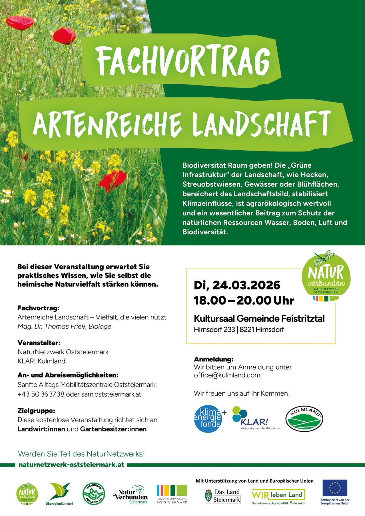 Plakat über Artenvielfalt, das eine grüne Landschaft mit vielfältiger Flora zeigt. Es betont die Bedeutung der Biodiversität für die Gestaltung der Landschaft und ihre Vorteile, mit Fokus auf eine Veranstaltung am 24.03.2026. Die Veranstaltung beinhaltet einen Vortrag von Mag. Dr. Thomas Frieb, Biologe.
