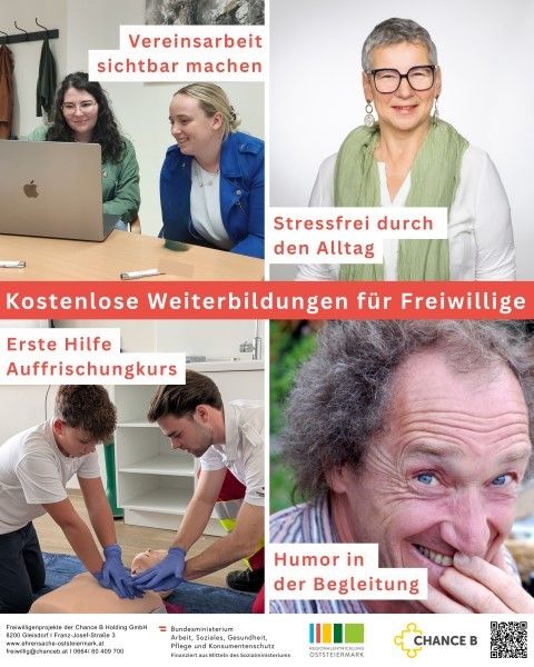 Eine Anzeige für Freiwilligenarbeit, die stressfreie tägliche Aktivitäten, Erste-Hilfe-Schulungen und Humor in der Betreuung zeigt. Es zeigt Menschen, die an einem Laptop arbeiten, Erste Hilfe leisten und lächeln.