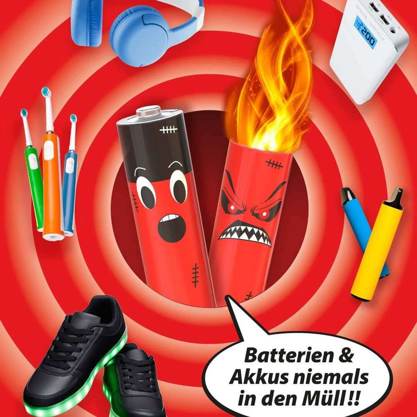 An advertisement with a red background featuring various items like headphones, toothbrushes, sneakers, and batteries. The central focus is on two burning batteries with cartoon faces, accompanied by the text 'Batterien & Akkus niemals in den Müll!!'.