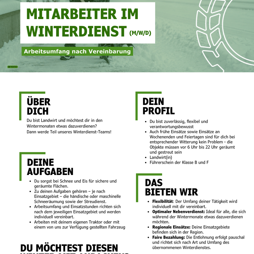 Eine Werbung für Winterdienstmitarbeiter, die flexible Arbeitszeiten, faire Bezahlung und die Möglichkeit, mit eigenen Traktoren oder Firmenfahrzeugen zu arbeiten, hervorhebt. Es betont die Rolle bei der Gewährleistung sicherer Bedingungen im Winter, mit Aufgaben von Schneeräumung bis zur Wartung von Maschinen.