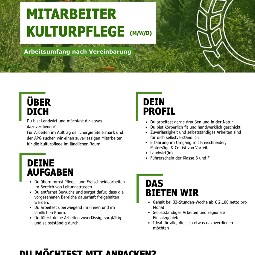 Eine Stellenanzeige für einen Kulturpfleger, die Aufgaben, Anforderungen und Vorteile detailliert beschreibt. Die Anzeige betont die Arbeit in der Natur, selbsterhaltende Fähigkeiten und einen flexiblen Zeitplan. Es wird auch ein wettbewerbsfähiges Gehalt und die Möglichkeit zur persönlichen Entwicklung erwähnt.