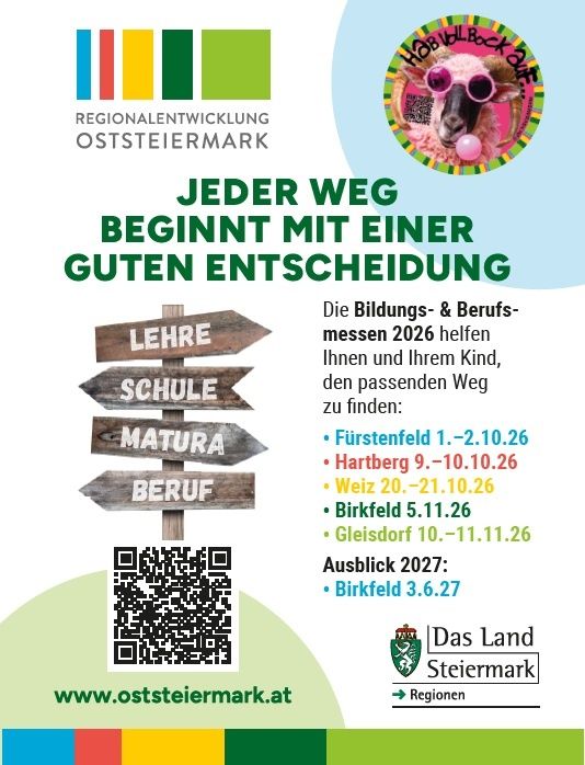 Plakat zur Werbung für Bildungs- und Berufsberatungsveranstaltungen in Oststeiermark, mit einem Schaf mit Sonnenbrille und einem QR-Code für weitere Informationen.