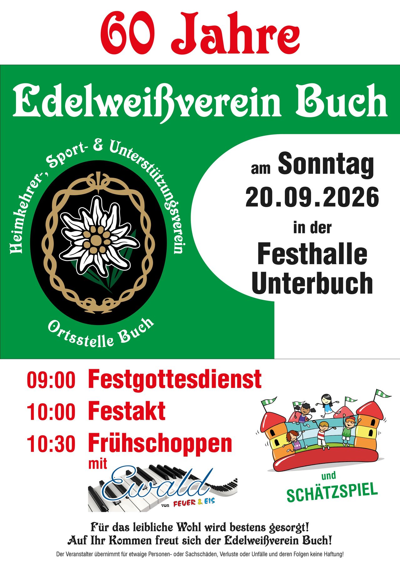 Plakat für Edelweißverein Buch Veranstaltung am 20.09.2026. Zeigt ein Blumenlogo, Veranstaltungsdetails und eine Luftburg-Illustration.