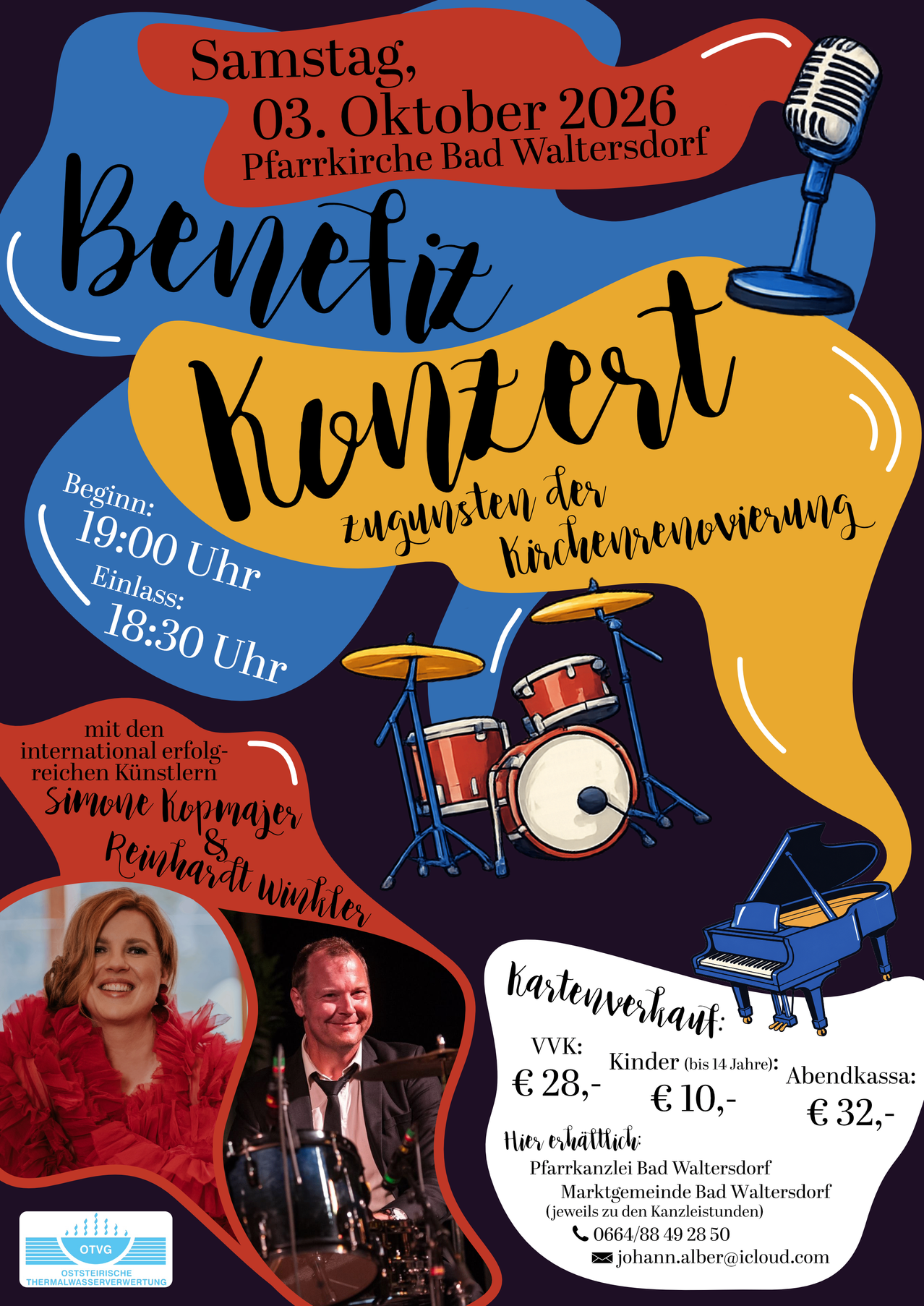 Ein Plakat für ein Benefizkonzert mit Simone Kopmajer und Reinhard Winter, mit einem Schlagzeug und einem Klavier im Hintergrund, und Details über die Startzeit, Ticketpreise und den Veranstaltungsort.