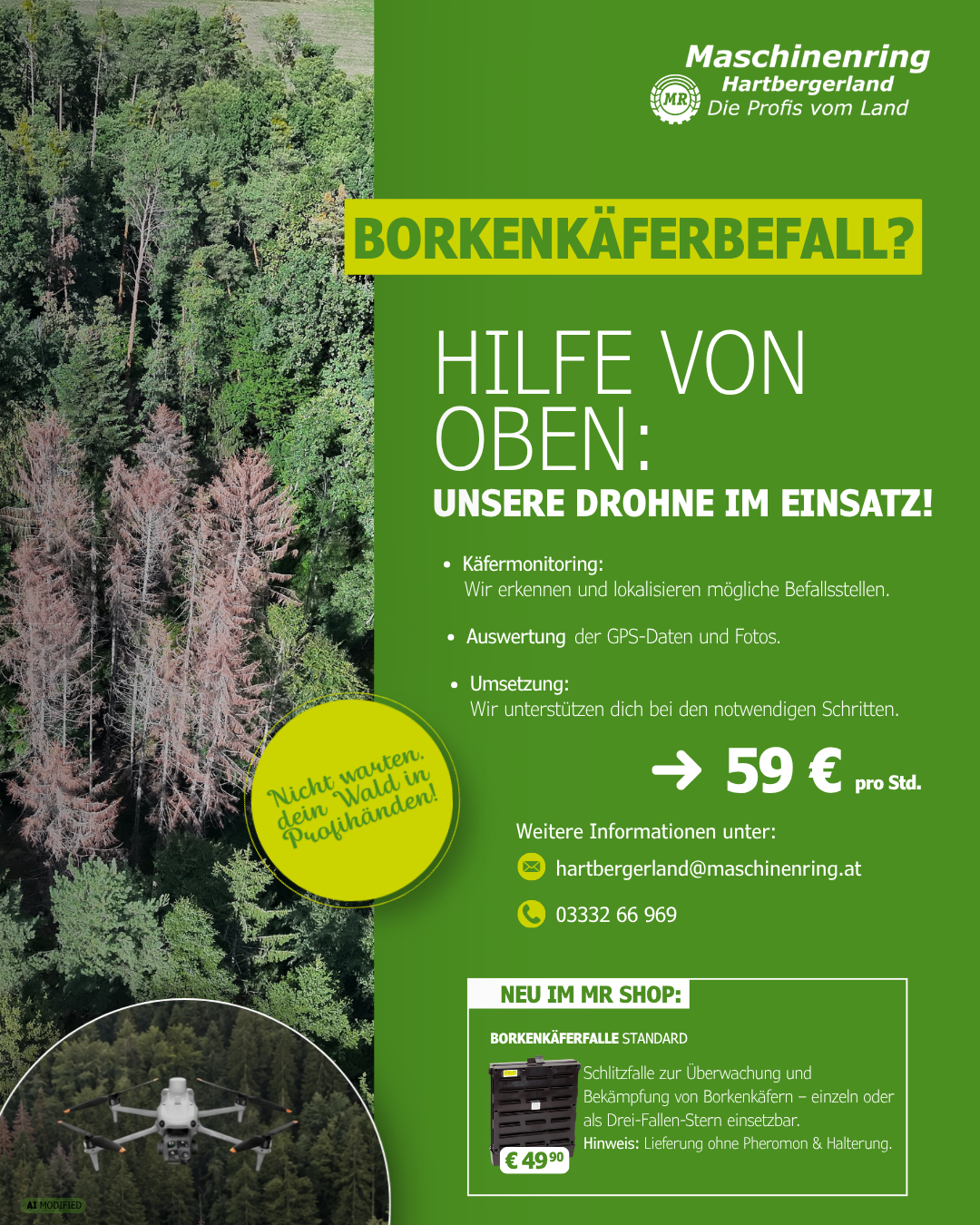 Eine Werbung für einen Drohnendienst, der Hilfe bei Borkenkäferbefall anbietet, einschließlich Überwachung, Bewertung und Unterstützung. Der Service kostet 59 Euro pro Stunde. Kontaktinformationen sind angegeben.
