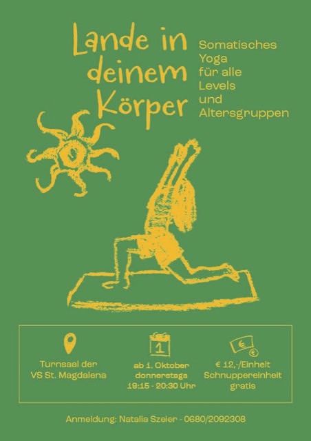Plakat für somatisches Yoga für alle Levels und Altersgruppen. Eine Frau in einer Yoga-Pose mit einer Sonne im Hintergrund. Das Plakat enthält Details zu Datum, Uhrzeit und Ort der Veranstaltung.