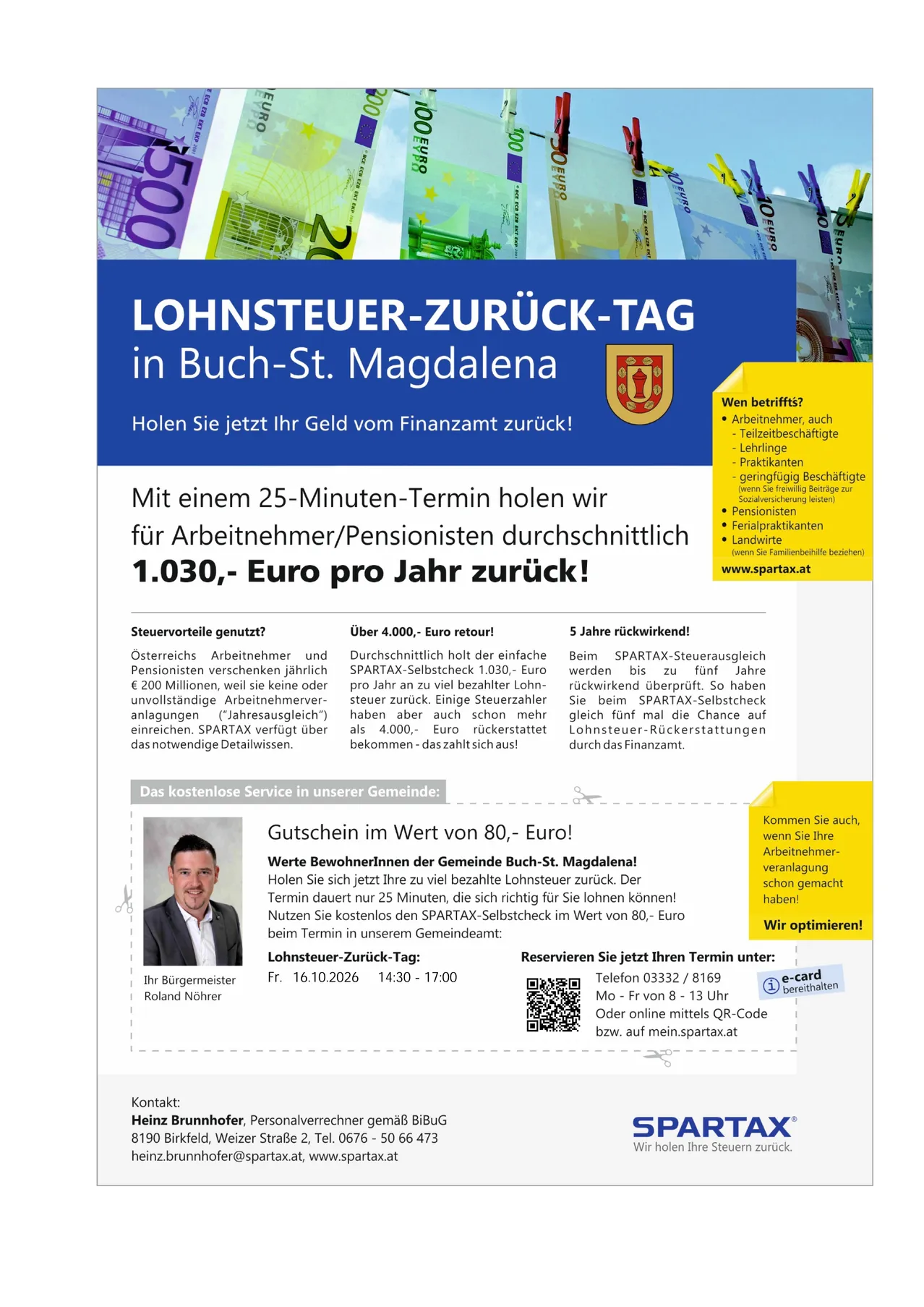 Ein Plakat bewirbt einen Lohnsteuer-Zurück-Tag in Buch-St. Magdalena und bietet einen kostenlosen Service zur Rückgabe von Steuergeldern an Arbeitnehmer und Rentner.