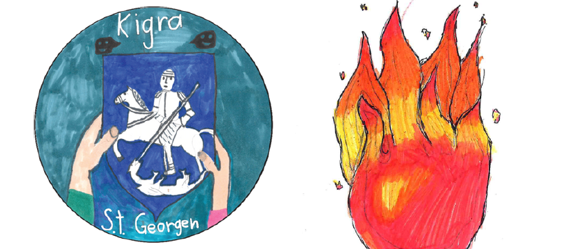 Das Bild zeigt ein farbenfrohes Banner mit der Aufschrift 'GRILLABEND'. Darunter befindet sich ein Logo mit einem Ritter auf einem Pferd, der einen Schild mit den Worten 'St. Georghen' hält. Rechts davon ist ein Feuer gezeichnet.