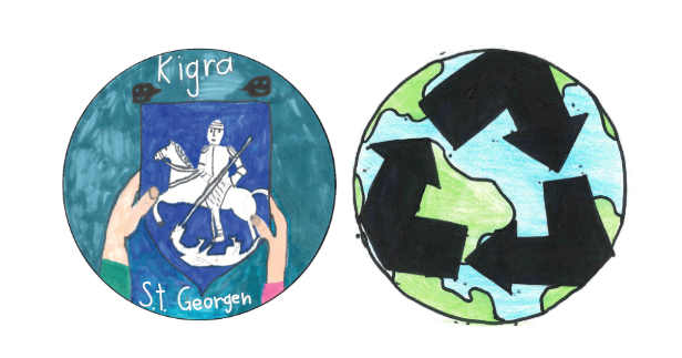Zwei Illustrationen. Links: Ein Schild mit 'Kigra' und 'St. Georgen'. Rechts: Erde mit Recycling-Symbol.
