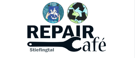 Das Logo des Repair Cafe zeigt eine Weltkugel mit Recyclingpfeile, einen Schraubenschlüssel und einen Schild mit einem Reiter und der Aufschrift 'St. George'.