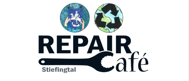 The Repair Cafe logo features a globe with recycling arrows, a wrench, and a shield with a horseman and the text 'St. George'.