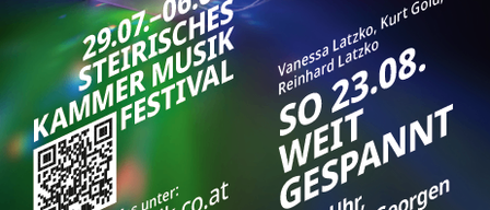 Plakat für das Steirische Kammermusik Festival mit einem bunten Würfel, QR-Code und Veranstaltungsdetails. Die Veranstaltung ist für den 29. Juli bis 6. August 2009 geplant.