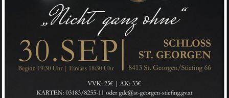 Eine Gruppe von Musikern in formeller Kleidung, die Blechblasinstrumente halten und für ein Foto mit schwarzem Hintergrund posieren. Der Text 'Nicht ganz ohne' und das Datum '30. SEP' sind prominent angezeigt.