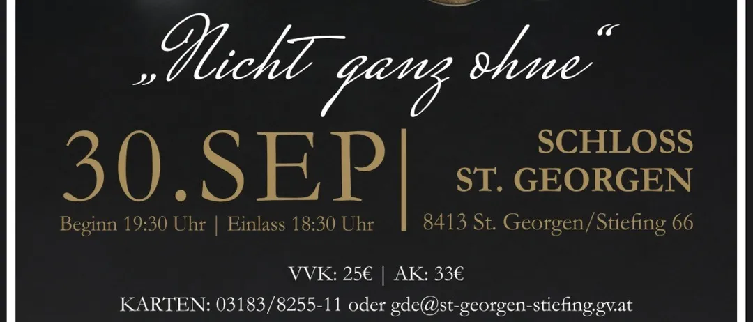 Eine Gruppe von Musikern in formeller Kleidung, die Blechblasinstrumente halten und für ein Foto mit schwarzem Hintergrund posieren. Der Text 'Nicht ganz ohne' und das Datum '30. SEP' sind prominent angezeigt.