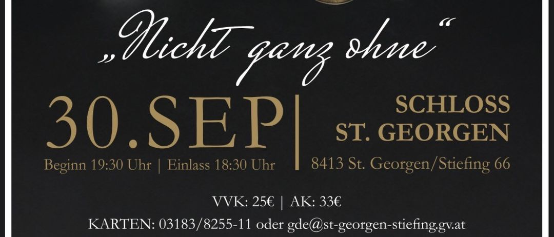 Eine Gruppe von Musikern in formeller Kleidung, die Blechblasinstrumente halten und für ein Foto mit schwarzem Hintergrund posieren. Der Text 'Nicht ganz ohne' und das Datum '30. SEP' sind prominent angezeigt.