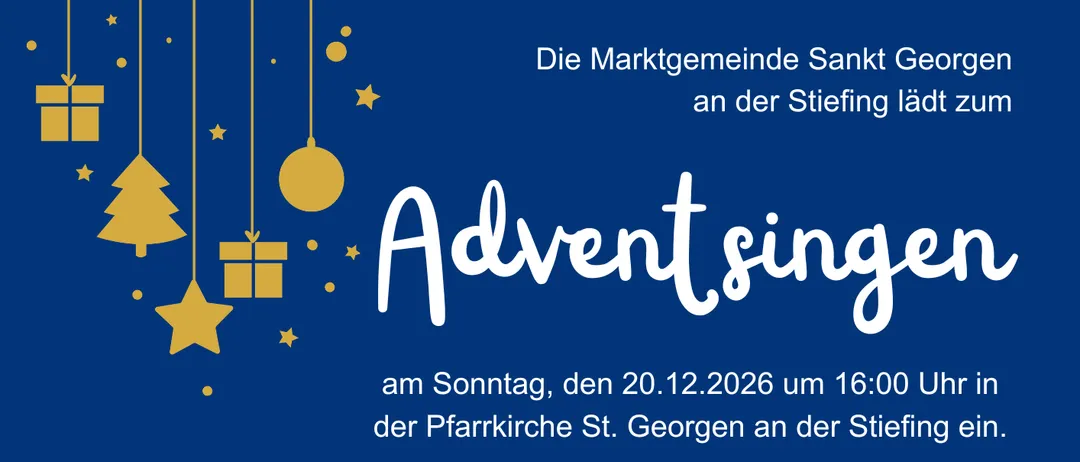 Eine Einladungskarte für ein Adventsingen in der Pfarrkirche St. Georgen an der Stiefing am 20.12.2026 um 16:00 Uhr.