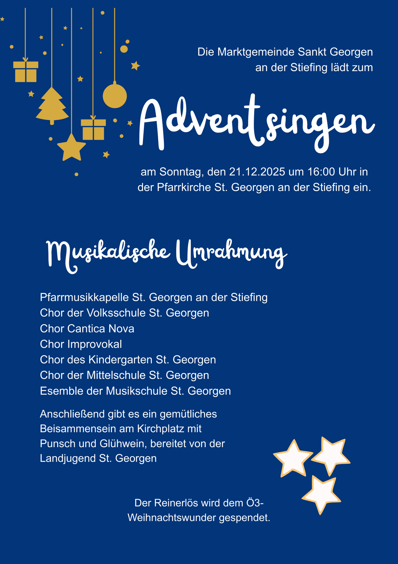 Ein Plakat für ein Adventsingen am 21.12.2025 um 16:00 Uhr in der Pfarrkirche St. Georgen. Verschiedene Chöre und Musikensembles treten auf. Danach gibt es ein Zusammensein auf dem Kirchplatz mit Punsch und Glühwein, bereitgestellt von der Landjugend St. Georgen.