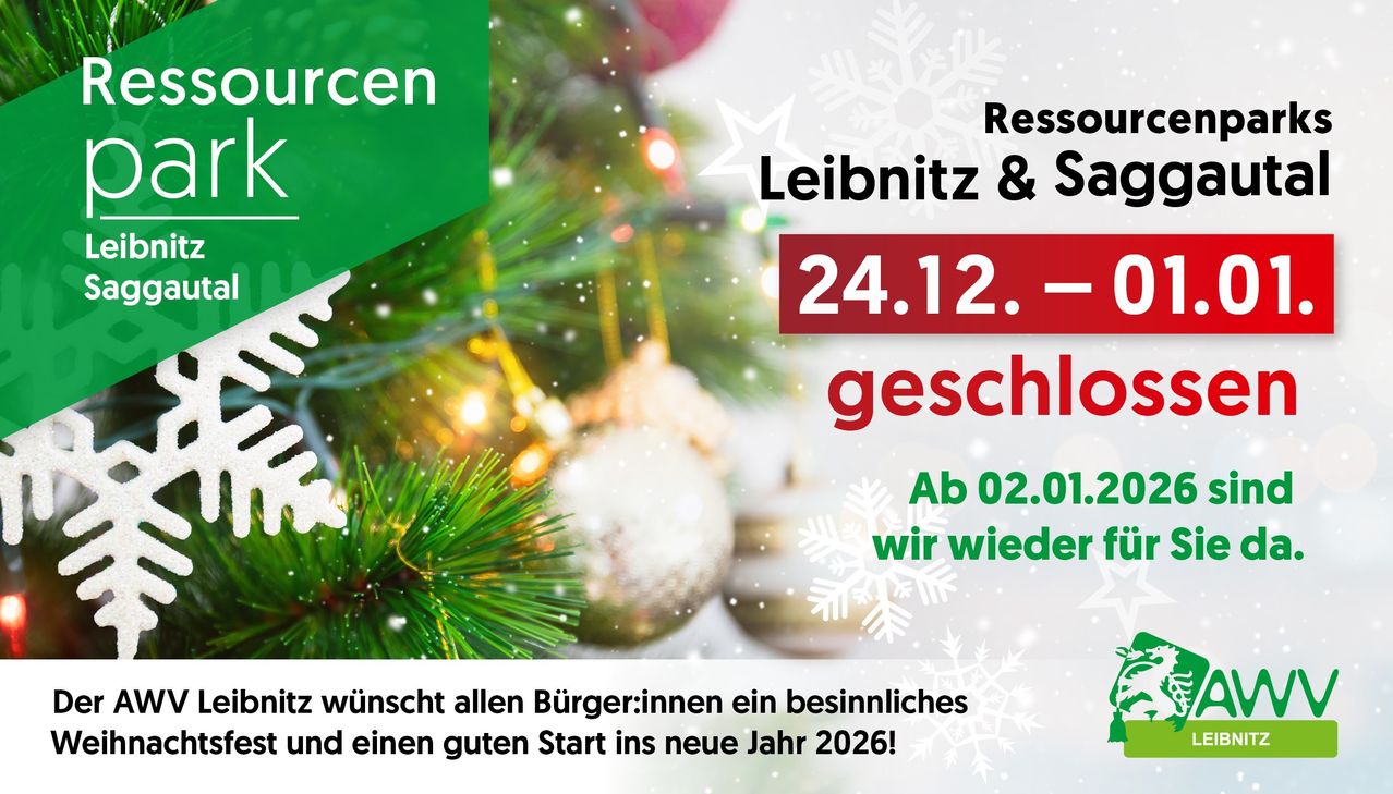 Weihnachtswerbung von Leibniz mit einem Weihnachtsbaum, Schneeflocken und Weihnachtslichtern, die allen Bürgern ein friedliches und erfolgreiches neues Jahr 2026 wünschen.