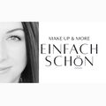 Ein schwarz-weißes Porträt einer Frau mit dem Text 'Make Up & More Einfach Schon' in weißer Schrift.