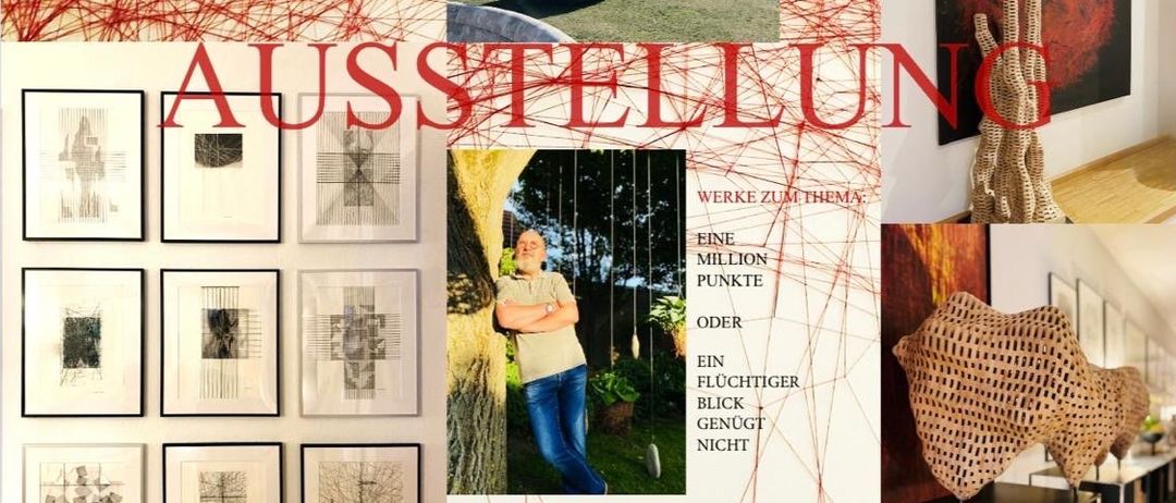 Eine Collage von Kunstwerken und Fotografien, die den Künstler Heinz Michelberger präsentiert. Das Hauptbild zeigt den Künstler unter einem Baum. Umgebende Bilder umfassen abstrakte Kunstwerke und eine gewebte Skulptur. Der Text auf Deutsch betont das Thema der Ausstellung, 'Eine Million Punkte oder ein flüchtiger Blick in der Nacht.'