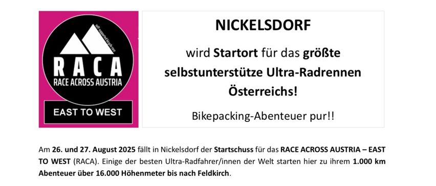 Startort für das größte selbst unterstützte Ultra-Radrennen Österreichs! Bikepacking-Abenteurer, hier geht es los! Die Veranstaltung findet am 26. und 27. August 2025 in Nickelsdorf statt. Radfahrer beginnen ihre 1.000 km lange Reise mit 16.000 Höhenmetern.