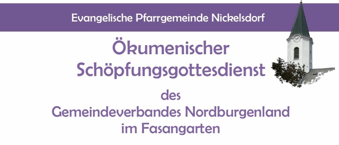 Plakat für einen Schöpfungsgottesdienst im Fasangarten des Gemeindeverbandes Nordburgenland. Es zeigt ein Kreuz auf einem Tisch mit Blumen. Datum: Sonntag, 21. September 2025 um 14 Uhr.
