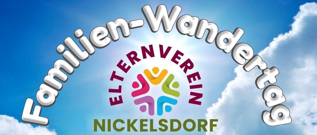 Plakat für den Familientag Nickelsdorf am 26. Oktober 2025. Zeigt Wanderschuhe auf einem Pfad, Treffpunkt um 09:30 Uhr, Start um 10:00 Uhr, Ziel am Kaltbrunnen, Strecke 3,8 km, Alternative 5,3 km.
