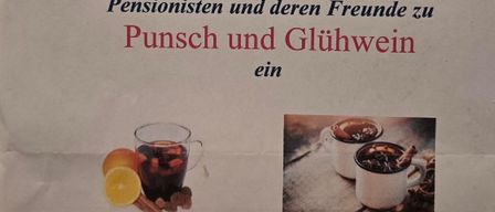 An invitation from the Pensioners' Association of the local group invites all pensioners and their friends to punch and mulled wine. Date: November 23, 2025, starting at 3:00 PM at the Pensioners' Club House.