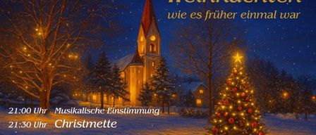 Eine verschneite Szene mit einer Kirche, einem leuchtenden Weihnachtsbaum und einem festlichen Textüberlagerung. Die Kirche hat einen Turm und eine Uhr und ist von Schnee umgeben.