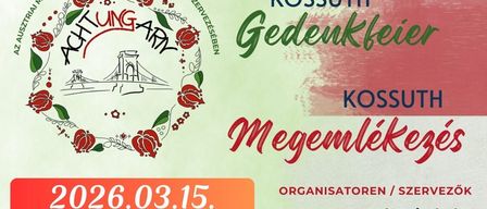 Plakat für eine Veranstaltung in Nickelsdorf am 15. März 2026. Es zeigt das Datum der Veranstaltung, ein Kulturprogramm im Ziegelmuseum und eine Podiumsdiskussion. Es hat ein Blumendesign mit dem Namen Kossuth.