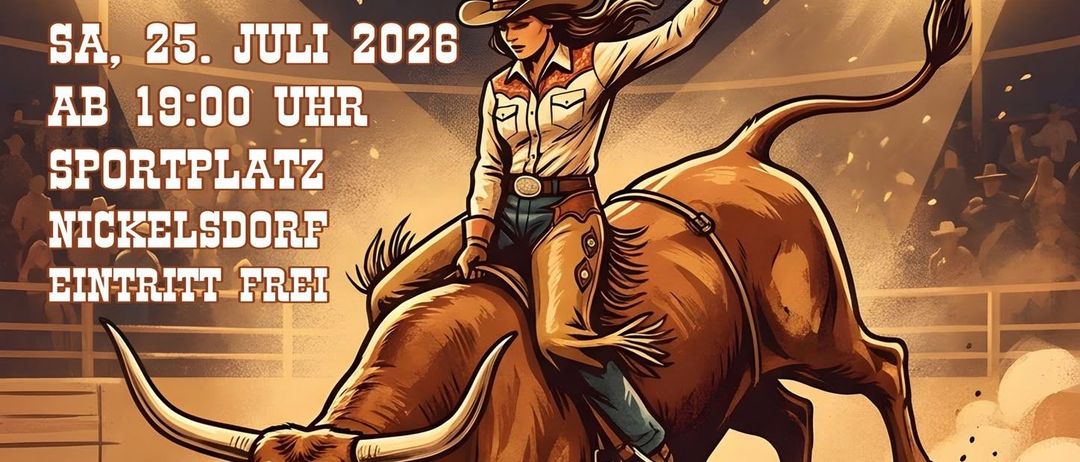Plakat für die Rodeo Night Veranstaltung am 25. Juli 2026, mit einer Frau, die einen Bullen mit großen Hörnern reitet, vor einem Hintergrund von Lichtern und einer Menge.