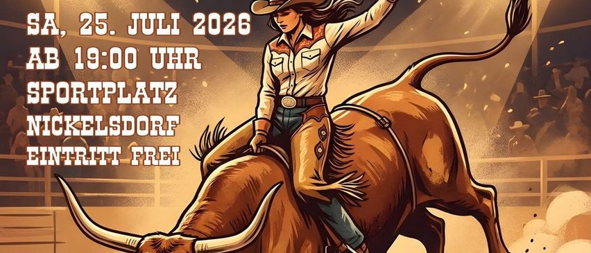 Rodeo-Dame reitet Bullen am Sportplatz Nickelsdorf am 25. Juli 2026