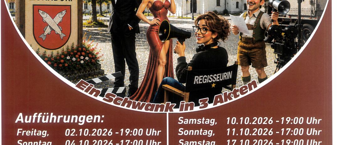 Plakat für Hollywood in Zurndorf Veranstaltung mit einem Mann und einer Frau in glamouröser Kleidung, einem Regisseur und einer Filmcrew. Aufführungstermine und -zeiten sind aufgeführt.