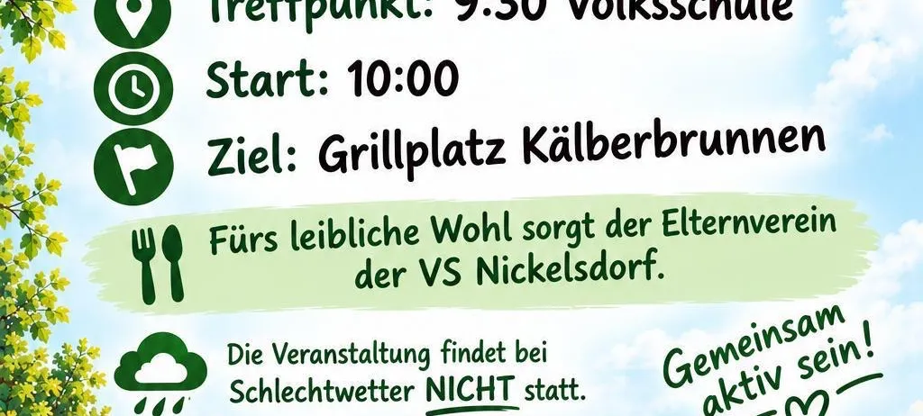 Plakat für eine Familienwanderungsveranstaltung am 26. Oktober 2026 in Nickelsdorf. Die Veranstaltung beginnt um 10:00 Uhr an der Volksschule, mit Ziel am Grillplatz Kälberbrunnen.