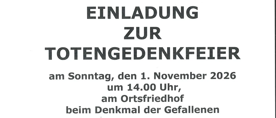 Ein Plakat für die Totengedenkoffeier am 1. November 2026 um 14:00 Uhr am Friedhof.