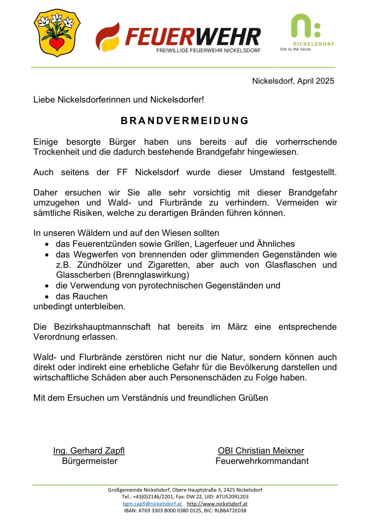 Ein Text über das Risiko von Waldbränden in Nickelsdorf, April 2025, der die Bewohner auffordert, Vorsichtsmaßnahmen zu treffen und bestimmte Vorschriften zur Brandverhütung einzuhalten.
