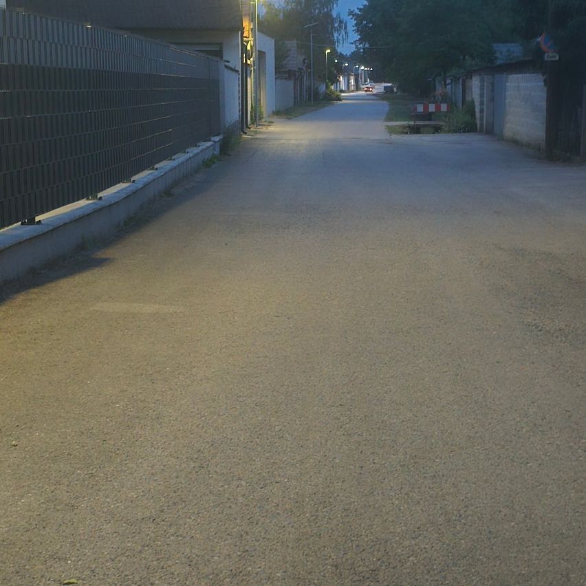 Eine Nachtaufnahme einer ruhigen Straße, gesäumt von einer Hecke und Straßenlaternen. Ein entferntes Auto ist zu sehen, und die Straße führt zu einem Gebäude.