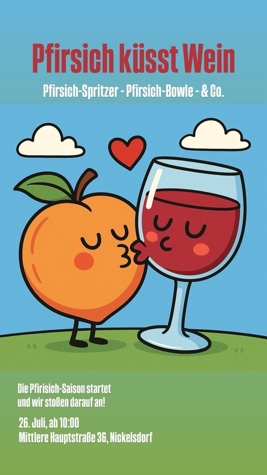 Ein Cartoon-Apfel mit einem Blatt küsst ein mit rotem Wein gefülltes Weinglas unter einem blauen Himmel mit Wolken und einem Herz.
