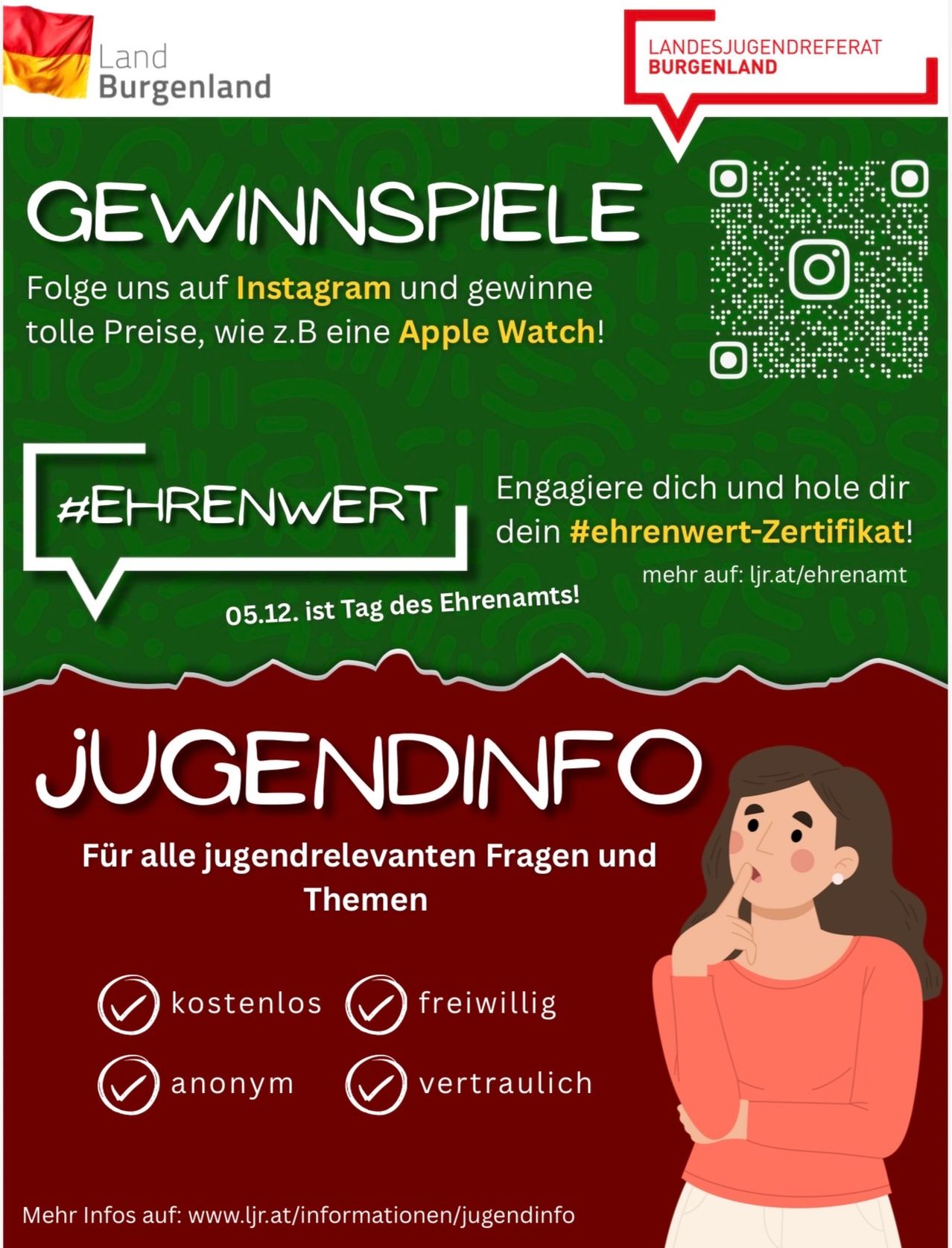 Ein Werbeposter mit einer nachdenklichen Frau, das Nutzer einlädt, auf Instagram zu folgen, um Preise wie eine Apple Watch zu gewinnen. Es hebt die #ehrenwert-Kampagne hervor und bietet eine Kontakt-E-Mail an.
