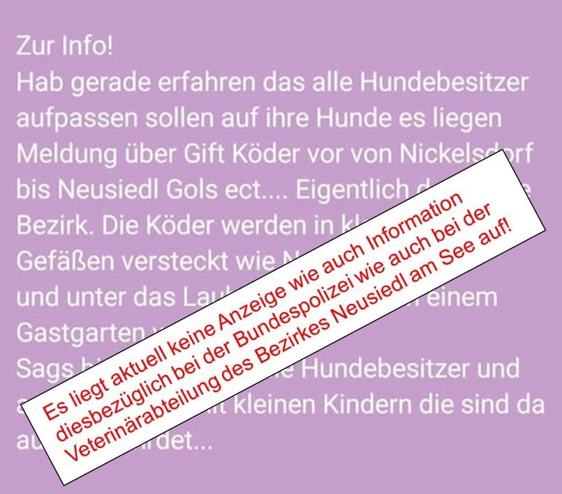 An image with a purple background contains text warning about dangerous poison baits for dogs. It mentions that dog owners should be informed about the poison baits.