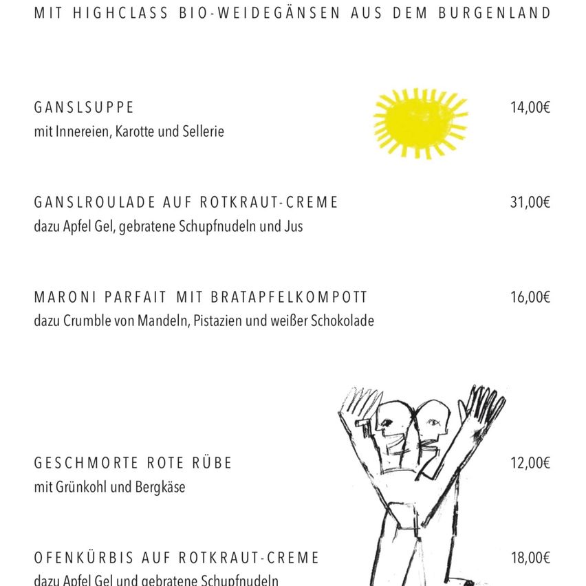 Menu featuring high-quality organic ingredients from Burgenland. Includes goose soup, goose roulade, maroni parfait, red beet, and open-curd on red-cabbage cream.