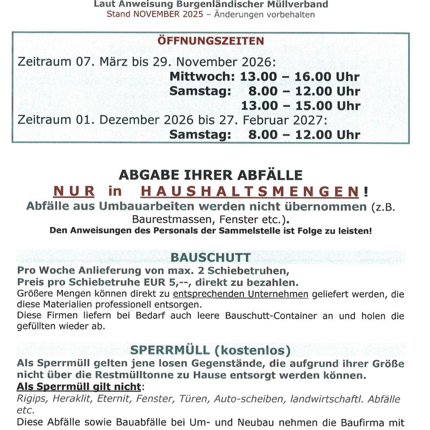 A notice from the Burgenland waste disposal association. The collection times for waste disposal are from March 7 to November 29, 2026, and from December 1, 2026, to February 27, 2027. Waste disposal is only allowed in household quantities.